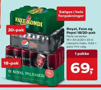 Dagli'Brugsen Royal, faxe og pepsi 18/20-pak tilbud