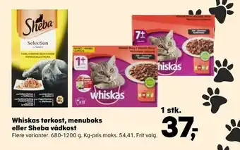 Kvickly Whiskas tørkost, menuboks eller sheba vådkost tilbud