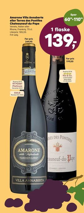 Kvickly Amarone villa annaberta eller terres des pontifes chateauneuf-du-pape tilbud