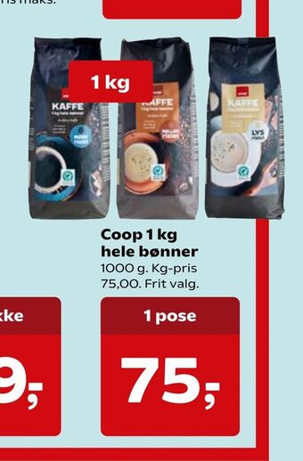 Kvickly Coop 1 kg hele bønner tilbud