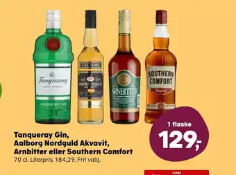 SuperBrugsen Tanqueray gin, aalborg nordguld akvavit, arnbitter eller southern comfort tilbud