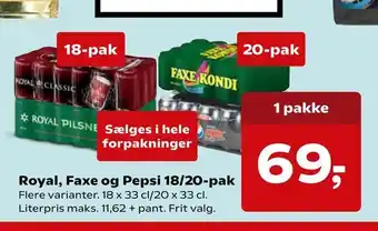 SuperBrugsen Royal, faxe og pepsi 18/20 pak tilbud