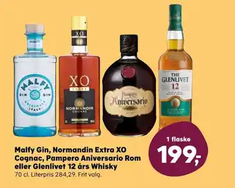 Malfy gin, normandin extra xo cognac, pampero aniversario rom eller glenlivet 12 års whisky