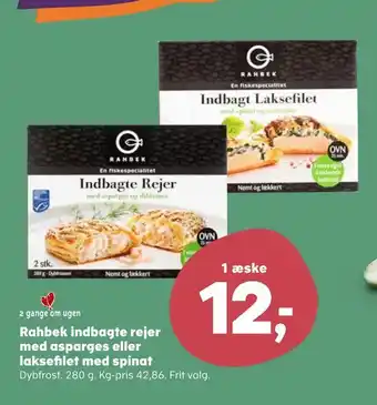 SuperBrugsen Rahbek indbagte rejer med asparges eller laksefilet med spinat tilbud