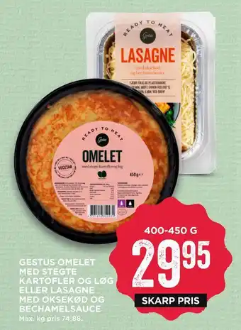 MENY Gestus omelet med stegte kartofler og løg eller lasagne med oksekød og bechamelsauce tilbud