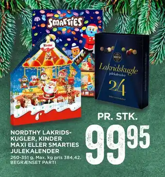 MENY Nordthy lakrids­ kugler, kinder maxi eller smarties julekalender tilbud