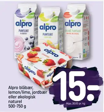 REMA 1000 Alpro blåbær, lemon/lime, jordbær eller økologisk naturel tilbud