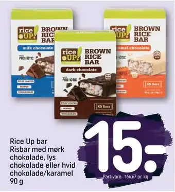 REMA 1000 Rice up bar risbar med mørk chokolade, lys chokolade eller hvid chokolade/karamel tilbud