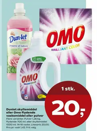 SuperBrugsen Dunlet skyllemiddel eller Omo flydende vaskemiddel eller pulver tilbud
