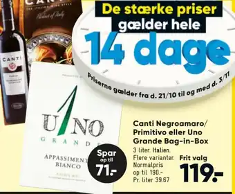 Bilka Canti Negroamaro/ Primitivo eller Uno Grande Bag-in-Box tilbud