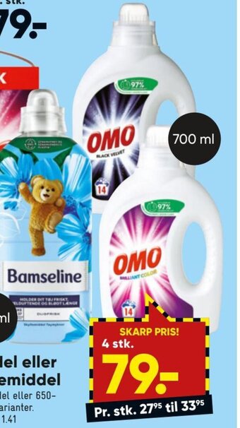 Bilka Omo Vaskemiddel eller Bamseline skyllemiddel tilbud