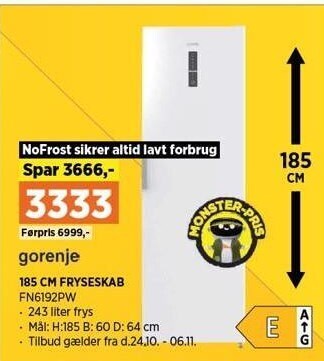 Power 185 cm. fryseskab tilbud