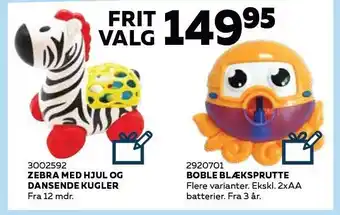 Zebra m. hjul og dansende kugler el. boble blæksprutte