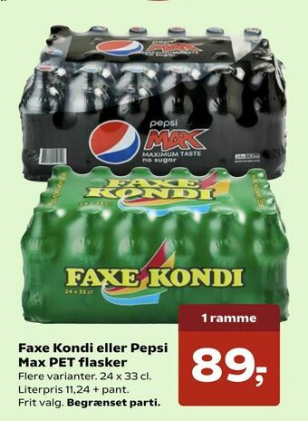 Kvickly Faxe Kondi eller Pepsi Max PET flasker tilbud