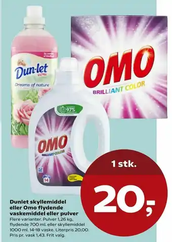 Kvickly Dunlet skyllemiddel eller Omo flydende vaskemiddel eller pulver tilbud