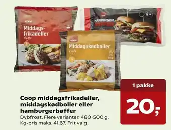 Kvickly Coop middagsfrikadeller, middagskødboller eller hamburgerbøffer tilbud
