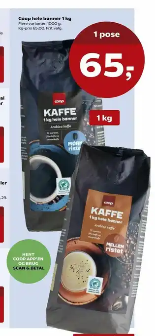 Kvickly Coop hele bønner 1 kg tilbud