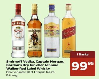 Kvickly Smirnoff Vodka, Captain Morgan, Gordon's Dry Gin eller Johnnie Walker Red Label Whisky tilbud