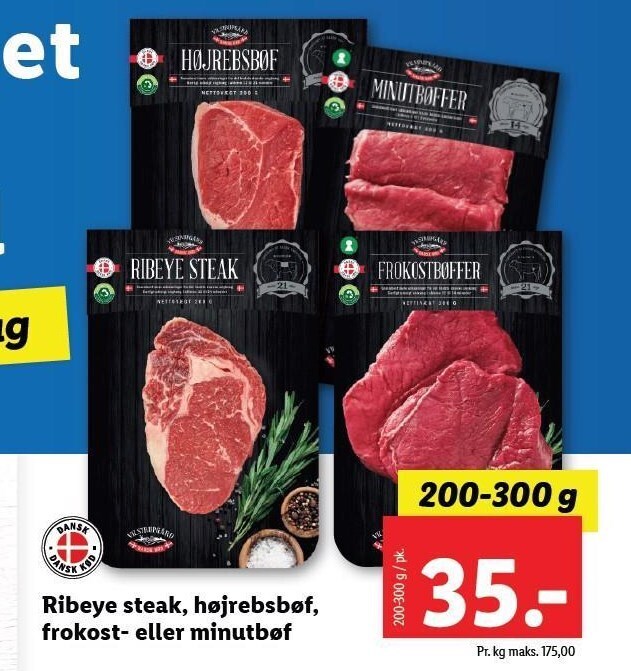 Ribeye steak, højrebsbøf, frokost el. minutbøf tilbud hos Lidl