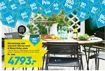 Bilka Kerteminde sæt antracit 130 cm med 6 Mood Kobe stole tilbud