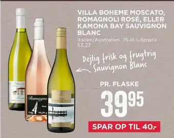 MENY Villa boheme moscato, romagnoli rosé, eller kamona bay sauvignon blanc tilbud