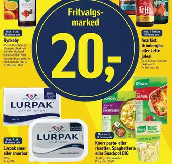 Føtex Rynkeby, anarkist, grimbergen eller leffe juleøl, lurpak smør eller smørbar, knorr pasta- eller risretter, spaghetteria eller tilbud
