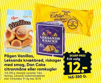 Bilka Pågen vanillas, leksands knækbrød, riskager med smag, dan cake citronmåne eller romkugler tilbud