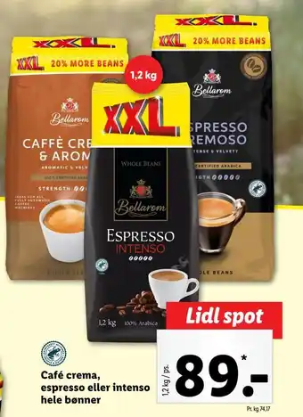 Lidl Café crema, espresso eller intenso hele bønner tilbud