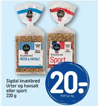 REMA 1000 Sigdal knækbrød urter og havsalt eller sport tilbud