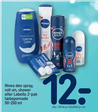 REMA 1000 Nivea deo spray, roll-on, shower eller labello 2-pak læbepomade tilbud