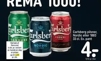 REMA 1000 Carlsberg pilsner, nordic eller 1883 33 cl. ex. pant tilbud