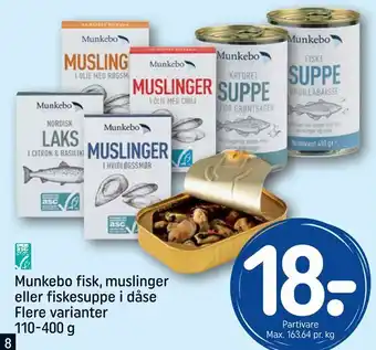 Munkebo fisk, muslinger eller fiskesuppe i dåse
