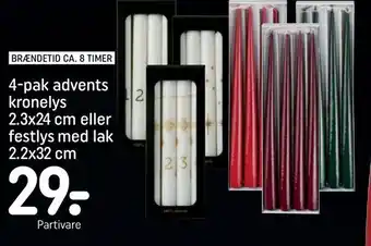 REMA 1000 4-pak advents kronelys 2,3x24 cm eller festlys med lak 2,2x32 cm tilbud