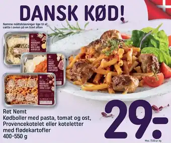 REMA 1000 Ret nemt kødboller m. pasta, tomat & ost, provencekotelet el. koteletter m. flødekartofler tilbud