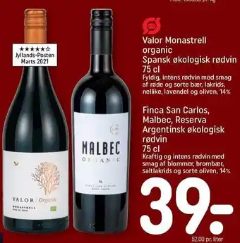 REMA 1000 Finca san carlos, malbec, reserva argentinsk rødvin el. valor monastrell organic spansk økologisk rødvin tilbud