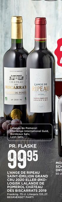 MENY L'ange de ripeau saint-émilion grand cru 2020 eller økologisk lalande de pomerol château des biscarrats 2019 tilbud