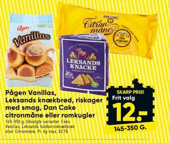 Bilka Pågen Vanillas Leksands knækbrød ,riskager med smag ,Dan Cake citronmåne eller romkugler tilbud