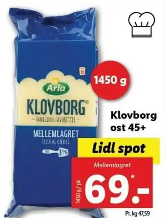 Lidl Klovborg ost 45+ 1,450g tilbud