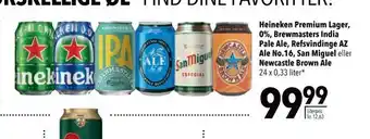 Heineken premium lager, 0%, brewmasters india pale ale, refsvindinge az ale no.16, san miguel eller newcastle brown ale