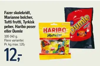 Føtex Fazer skolekridt, Marianne bolcher, Tutti frutti, Tyrkisk peber, Haribo poser eller Dumle tilbud