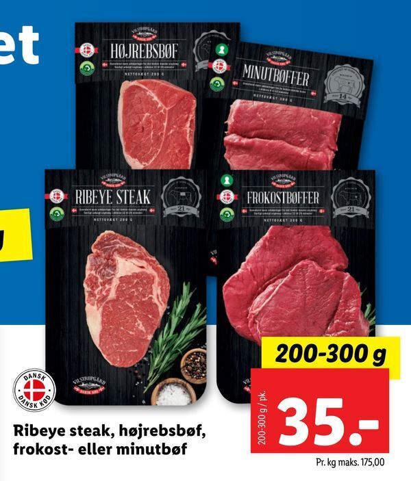 Ribeye steak, højrebsbøf, frokost eller minutbøf tilbud hos Lidl