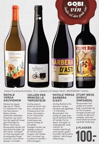 Natale verga sauvignon, cellier des princes le triporteau, natale verga barbera d'asti el. stunt bros shiras zinfandel