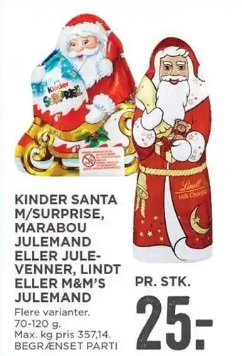 MENY Kinder santa m/surprise, marabou julemand el. julevenner, lindt el. m&m's julemand tilbud