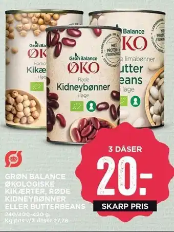 MENY Grøn balance øko kikærter, røde kidneybønner el. butterbeans tilbud