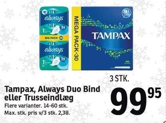 SPAR Tampax, always duo bind el. trusseindlæg tilbud