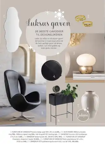 Spejl, ringe, bordlampe, hynde, drejestol, plantekasse, jubilæumsgulvvase