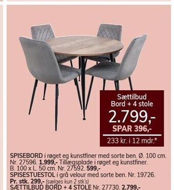 Daells Bolighus Sættilbud bord + 4 stole tilbud