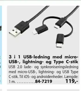 Biltema 3 i 1 USB-ledning med micro- USB-, lightning- og Type C-stik tilbud