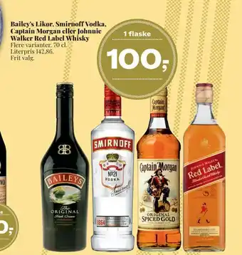 Dagli'Brugsen Bailey's likør, smirnoff vodka, captain morgan eller johnnie walker red label whisky tilbud
