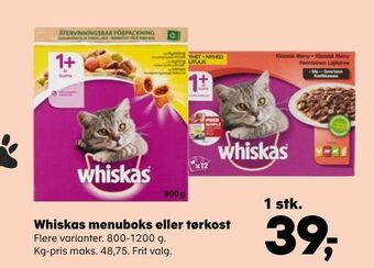 Kvickly Whiskas menuboks eller tørkost tilbud
